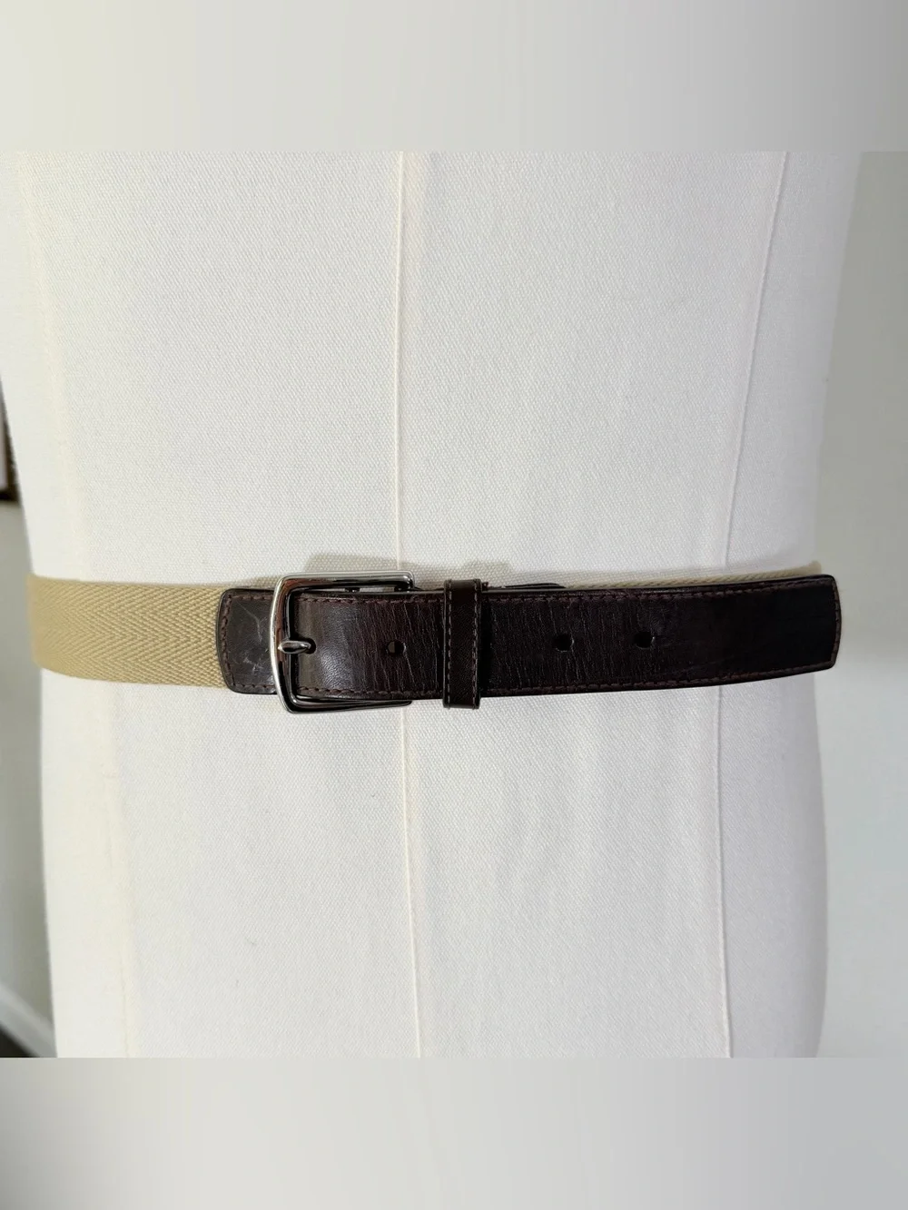 Coach Vintage Tan Woven Canvas & Brown Leather Belt Solid Brass Buckle Size 34